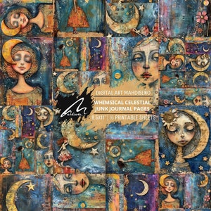 Murmures au clair de lune éthéré, fantaisiste, pages de scrapbooking, kit de journal indésirable, techniques mixtes originales, collage numérique imprimable, ensemble de draps étoilés éphémères