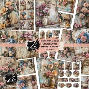 Papeles digitales con elegancia floral clásica, fondos con jarrones y flores vintage, manualidades con estilo shabby chic, álbumes de recortes, diarios artísticos imprimibles