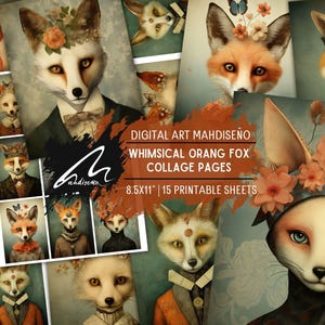 Majestic Elegance Fox Royal Whimsical Fox Portrait Junk Journal Pages Carte per album digitali Kit volpe con tecniche miste Effimere per il journaling