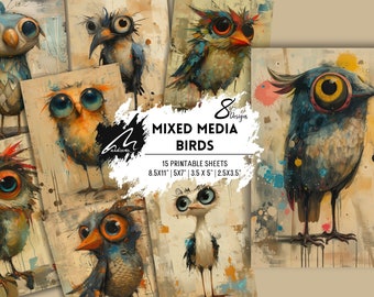 Mixed Media Bird Portrait | Amazing Whimsical Digital Art | Junk Journal PRINTABLE Cards Digital DOWNLOAD Commercial Use