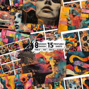 Ritratto moderno in mosaico, collage artistico del viso con forme astratte, carta per scrapbooking vibrante, sfondo per diario con tecniche miste, arte stampabile
