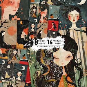 Páginas de álbum de recortes con retrato de mujer serenidad a la luz de la luna, diario basura romántico, papeles digitales, hojas de collage de técnica mixta, kit de impresión de efímeras de cielo nocturno