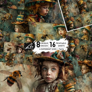 Curiosità primaverili stravaganti: cappello a farfalla incantato e ape gigante, fogli di scrapbooking stampabili per bambini vintage, download digitale di tecniche miste