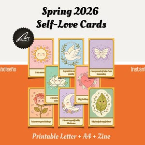 以下が含まれることがあります： 「Spring 2026 Self-Love Cards」のコレクション。太陽、鳩、蝶、蓮、心臓、月、バラ、葉のイラストが描かれています。カードはパステルカラーで、「私は十分である」や「私の体は私の友達」などのフレーズが含まれています。