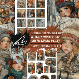 Winter Whispers: Incantevole ragazza invernale adornata, bacche e uccelli rossi, fogli artistici stampabili per lavori artigianali stagionali, scrapbooking festivo