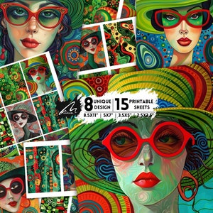 Eleganza vivida in cerchi Pop Art Ritratto Pagine di album Kit diario spazzatura Collage digitale audace Hippie Foglio di effimeri stampabili con tecniche miste