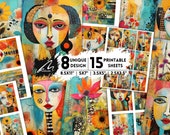 Colorful Abstract Face Digital Papers, Eclectic Bohemian Floral Background Surreal Portrait Scrapbooking Pages Vibrant Junk Journal Ephemera