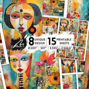 Colorful Abstract Face Digital Papers, Eclectic Bohemian Floral Background Surreal Portrait Scrapbooking Pages Vibrant Junk Journal Ephemera