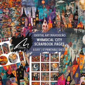 Città incantata di Halloween: carte digitali con paesaggi urbani stravaganti per creazioni artigianali festive, scrapbooking spettrale e decorazioni artistiche per progetti fai da te