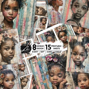 Ritratti accattivanti e sovrapposizioni floreali su carta digitale, stampa artistica di bellezza africana, fogli di collage di tecniche miste shabby, stampabili per scrapbooking