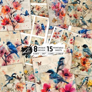 Enchanted Garden: Uccelli e farfalle Arte multimediale, Illustrazioni floreali e faunistiche vintage, Stampe digitali botaniche per scrapbooking