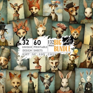 Paquete de animales extravagantes: mezcla ecléctica de perros, conejos y zorros adornados con flores, perfecto para álbumes de recortes, collages digitales y proyectos de manualidades