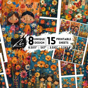 Raindrop Blossoms & Whimsy Friends Digital Papers: vivaci fogli di arte floreale e di carattere per diari creativi, tecniche miste e artigianato