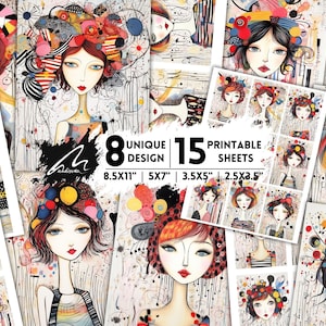Carte digitali di bellezza eclettica, pagine di scrapbooking di arte di moda vibranti, sfondi di ritratti stravaganti, stampa di diario di spazzatura artistica moderna