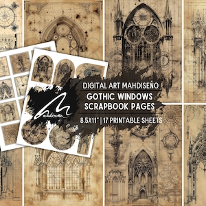 Eleganza architettonica: effimera stampabile della cattedrale gotica con dettagli intricati per scrapbooking, artigianato e arredamento per la casa, finestre abbozzate