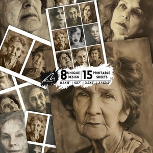 Vintage Portrait intemporel, pages de scrapbooking, Old Lady Junk Journal Kit, sépia, collage imprimable, création numérique, art technique mixte éphémère, ensemble