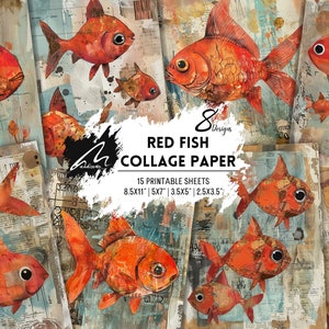 Collage digitale astratto di pesci rossi, vivace arte grunge ad acquerello di pesci per progetti di scrapbooking, journaling e artigianato multimediale