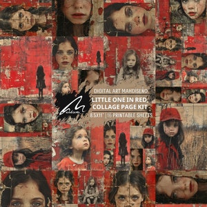 Ricordi infranti in scarlatto Pagine di album di ritagli di ritratti di bambini rustici Kit di diario di spazzatura lacerata Set di fogli di effimeri stampabili per collage digitale