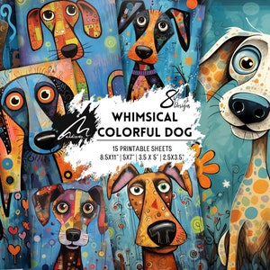 Kit per scrapbooking digitale con ritratto di cane stravagante, pagine artistiche effimere colorate e audaci per diari spazzatura, fogli stampabili per lavori creativi per bambini