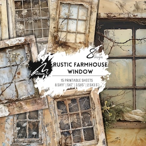 Rustieke raamdromen: grunge boerderijlijst, digitaal collageblad voor vintage junkjournaling, scrapbooking achtergrond Shabby Chic Art, CU