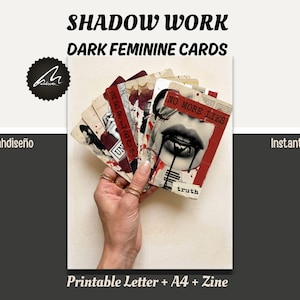 May include: A collection of dark feminine cards with the text "SHADOW WORK DARK FEMININE CARDS". The cards feature images of lips, blood, and the words "NO MORE LIES" and "truth". The words "Digital Art Mahdiseño" and "Instant Download" are also visible.