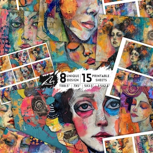 Melodie urbane vibranti: pagine di collage di tecniche miste, volti astratti colorati stampabili per journaling e scrapbooking, ispirazioni di street art
