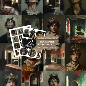 Regal Majesty: il ritratto di un principe con le pagine del diario Majestic Castle Hall Junk, arte digitale rinascimentale per scrapbooking e artigianato