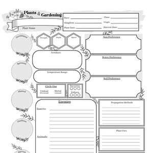 May include: A printable gardening log with sections for plant name, race, kingdom, class, origin, plant date, harvest date, germination, sprouting, planting, outdoors, harvest, strength, depth, speed, sun preference, fertilizer, temperature range, water preference, soil preference, successes, failures, enemies, insects, animals, plants, propagation methods, plant uses, and compatible allies.