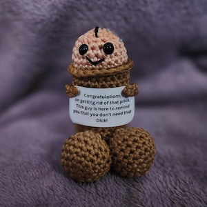 May include: A handmade crochet figure in the shape of a penis, with a smiling face and holding a sign. The sign reads "Congratulations, on getting rid of that prick. This guy is here to remind you that you don't need that Dick!"