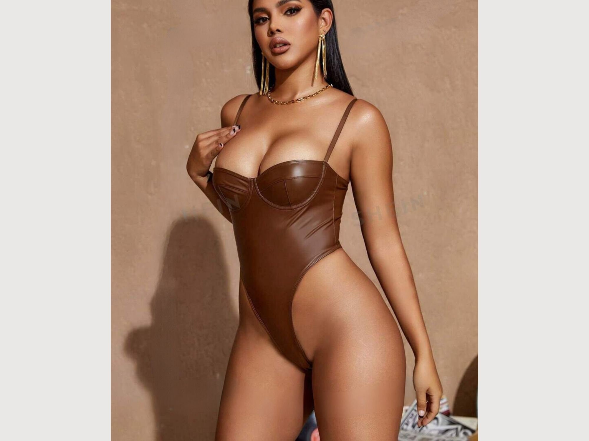 Open Back Thong Bodysuit With Leg Strap 