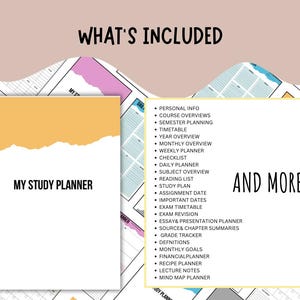 K&ouml;nnte beinhalten: Ein wei&szlig;er Studienplaner mit einem orange-gelben Design aus zerrissenem Papier oben. Der Text "MY STUDY PLANNER" ist auf dem Cover zentriert. Das Bild enth&auml;lt auch eine Liste von Planerfunktionen, wie "Semester Planning" und "Daily Planner."