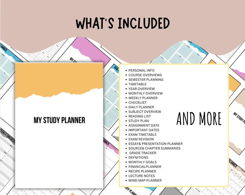 K&ouml;nnte beinhalten: Ein wei&szlig;er Studienplaner mit einem orange-gelben Design aus zerrissenem Papier oben. Der Text "MY STUDY PLANNER" ist auf dem Cover zentriert. Das Bild enth&auml;lt auch eine Liste von Planerfunktionen, wie "Semester Planning" und "Daily Planner."