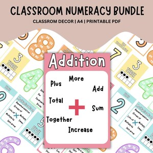 Puede incluir: Un paquete de numeración para el aula con materiales educativos coloridos. La imagen presenta tarjetas con números, conceptos de suma y términos matemáticos. El texto "Addition" se muestra de forma destacada en una tarjeta rosa.