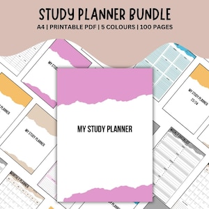 K&ouml;nnte beinhalten: Eine Sammlung von Lernplanern mit wei&szlig;em Hintergrund und farbigen Papierakzenten. Der Hauptplaner tr&auml;gt den Text "MY STUDY PLANNER" in Schwarz. Das Bild enth&auml;lt auch den Text "STUDY PLANNER BUNDLE" und "A4 | PRINTABLE PDF | 5 COLOURS | 100 PAGES".