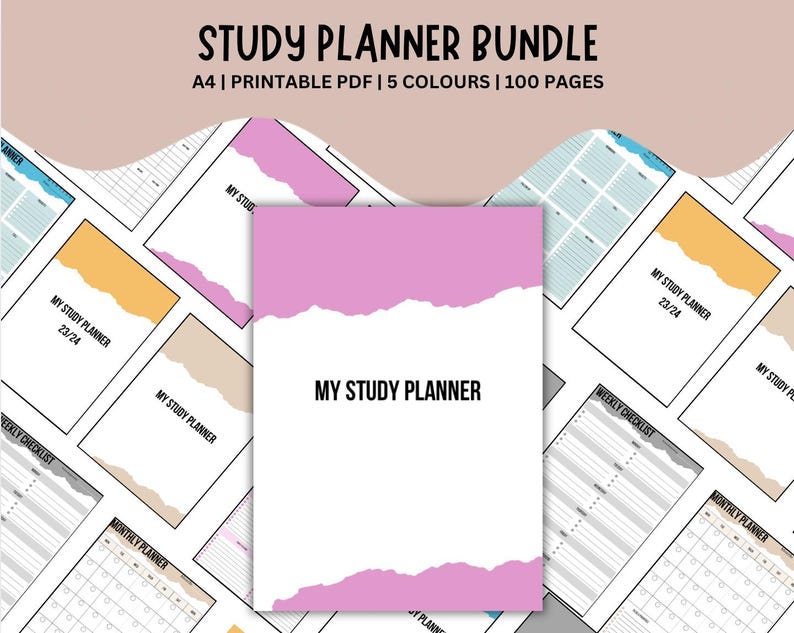K&ouml;nnte beinhalten: Eine Sammlung von Lernplanern mit wei&szlig;em Hintergrund und farbigen Papierakzenten. Der Hauptplaner tr&auml;gt den Text "MY STUDY PLANNER" in Schwarz. Das Bild enth&auml;lt auch den Text "STUDY PLANNER BUNDLE" und "A4 | PRINTABLE PDF | 5 COLOURS | 100 PAGES".