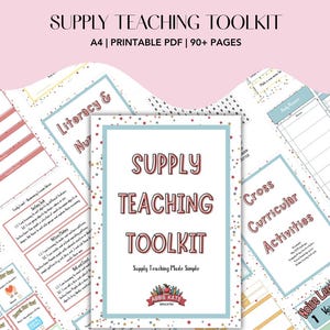 May include: A printable A4 supply teaching toolkit PDF with over 90 pages. The cover features the text "SUPPLY TEACHING TOOLKIT" and "Supply Teaching Made Simple" with the Abbie Kate Educated logo. The pages include literacy, numeracy, and activities.