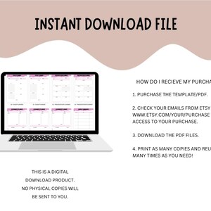 K&ouml;nnte beinhalten: Ein Laptop mit einer digitalen Planervorlage mit rosa Akzenten. Der Text "INSTANT DOWNLOAD FILE" steht oben. Anweisungen zum Erhalt des Kaufs sind unter dem Laptop aufgef&uuml;hrt. Unten steht, dass es sich um einen digitalen Download handelt.