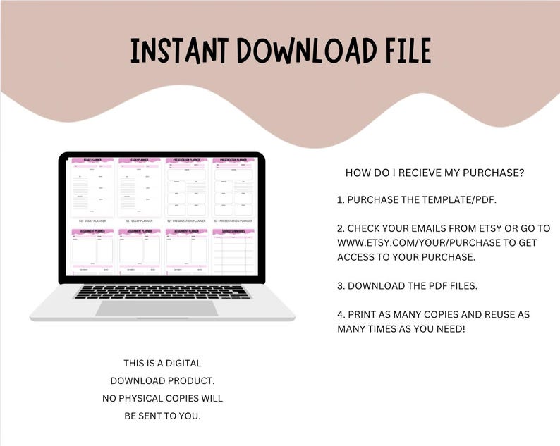 K&ouml;nnte beinhalten: Ein Laptop mit einer digitalen Planervorlage mit rosa Akzenten. Der Text "INSTANT DOWNLOAD FILE" steht oben. Anweisungen zum Erhalt des Kaufs sind unter dem Laptop aufgef&uuml;hrt. Unten steht, dass es sich um einen digitalen Download handelt.