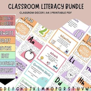 May include: A classroom literacy bundle with colourful educational posters. The posters include the writing process, parts of speech, and punctuation. The text "CLASSROOM LITERACY BUNDLE" is at the top. The posters are designed for A4 printing.