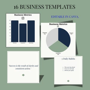 Può includere: Una raccolta di 16 modelli aziendali con grafici, inclusi grafici a barre e a torta, su sfondo verde. Il testo "16 BUSINESS TEMPLATES" e "EDITABLE IN CANVA" sono visibili. Un modello include la citazione: "Il successo è il risultato della chiarezza e dell'azione costante."