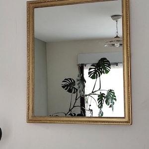 Peut inclure: Un miroir mural rectangulaire doté d'un cadre doré décoratif avec un motif texturé répétitif sur les bords. La surface en verre reflète l'intérieur d'une pièce, y compris une plante monstera verte et un luminaire suspendu.
