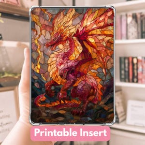 May include: A colorful dragon design on a printable insert. The dragon is depicted in shades of red, orange, and yellow, with a stained-glass effect. The text "Printable Insert" is displayed in a pink banner at the bottom.
