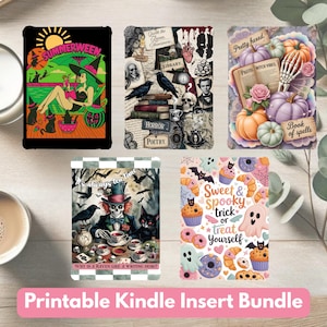 May include: A bundle of printable Kindle inserts with various Halloween-themed designs. The inserts feature illustrations of witches, pumpkins, skulls, ravens, and spooky treats. Text includes "Summerween", "Horror", "Poetry", and "Sweet & Spooky trick or treat yourself".