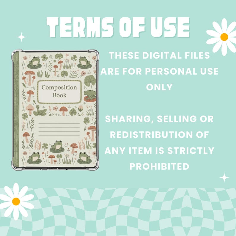 May include: A composition book with a whimsical design featuring frogs, mushrooms, and foliage. The cover has the text "Composition Book" and the words "TERMS OF USE" and "THESE DIGITAL FILES ARE FOR PERSONAL USE ONLY" are also visible.