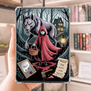 May include: A tablet case featuring a dark illustration of Little Red Riding Hood with a wolf in a forest. The artwork includes a house, lantern, and text that reads "Trust No One" and "What big eyes you have!"