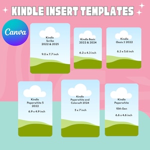 May include: A graphic displaying Kindle insert templates. The design features six rectangular cards with cloud and landscape illustrations. Each card specifies Kindle models and dimensions, such as 22.9 x 19.6 cm.