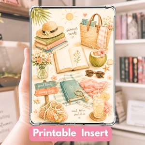 May include: A digital illustration with a summer reading theme. It depicts a straw hat, books, a beach bag, sunglasses, and a drink. The text includes "Summer reads" and "Printable Insert". The image evokes a relaxing summer scene.
