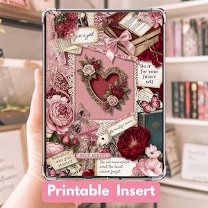 Puede incluir: Inserto imprimible rosa y rojo con un diseño de collage. El diseño incluye un marco en forma de corazón, rosas, mariposas y texto que dice "just a girl", "My beautiful dream" y "Book Addict". Las palabras "Printable Insert" están en la parte inferior.