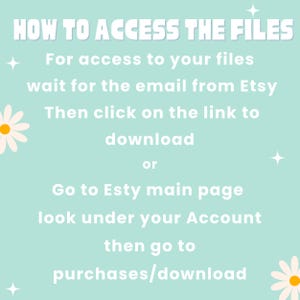 May include: A light teal background with white text that reads "HOW TO ACCESS THE FILES." Instructions are provided on how to download files after purchase, including waiting for an email from Etsy and going to the purchases/download section.