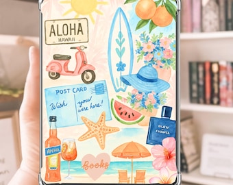 May include: A clear phone case featuring a watercolor design with a travel theme. The design includes a pink scooter, surfboard, postcard, starfish, and the text "ALOHA HAWAII". Other elements include a beach scene, flowers, and a bottle of perfume.